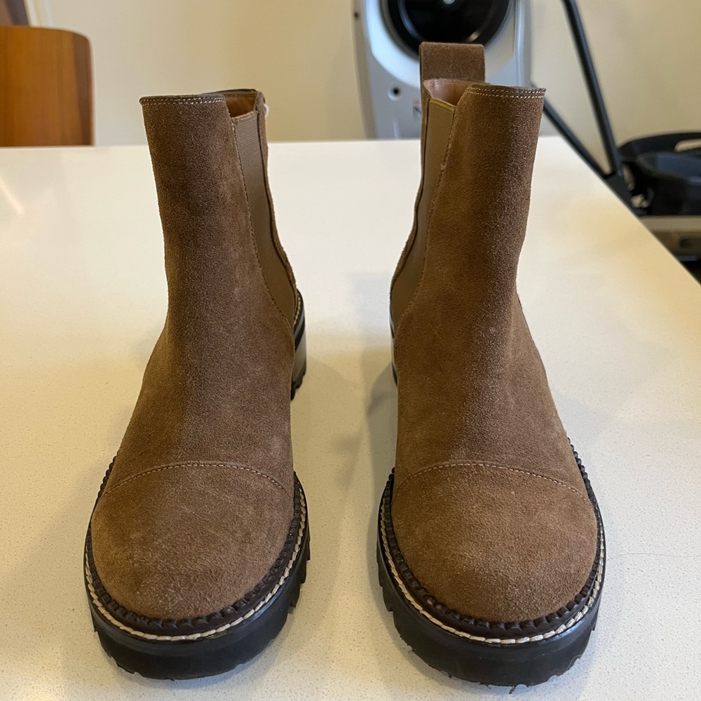 See by Chloe Brown Suede Lug Sole ankle boots
